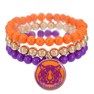 C80- 3 Row Stackable with Charm Tiger head- purple, gold, orange  