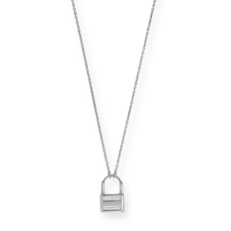 Y45- 16" + 2" Rhodium Plated CZ Lock Necklace Main Image