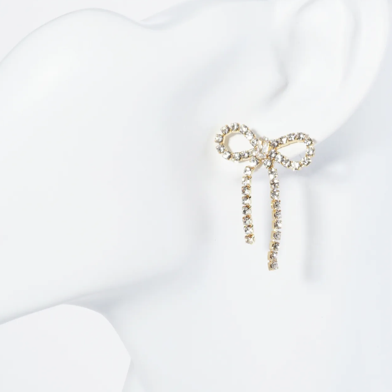 Y1- 18K Gold Dipped Cubic Zirconia Ribbon Bow Drop Post Earrings (also available in white gold) - Thumbnail (Preview) 4