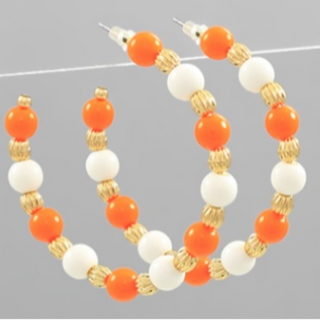 T159- 1.8” Orange, White & Gold Acrylic & Metal Bead Open Hoops