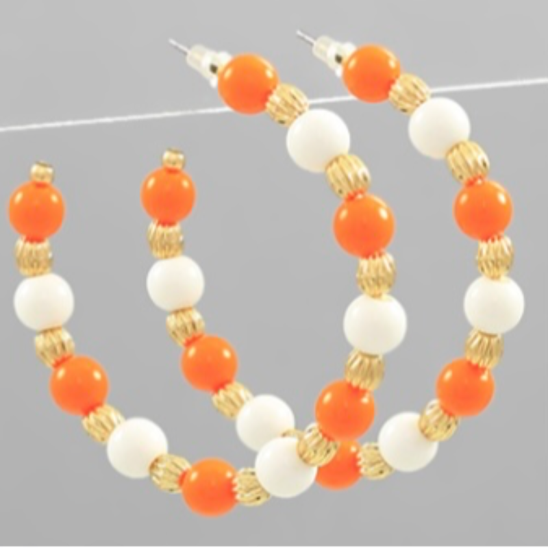 T159- 1.8” Orange, White & Gold Acrylic & Metal Bead Open Hoops Main Image