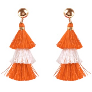 T127-2” Orange/White 3 Tier Tassel Earrings