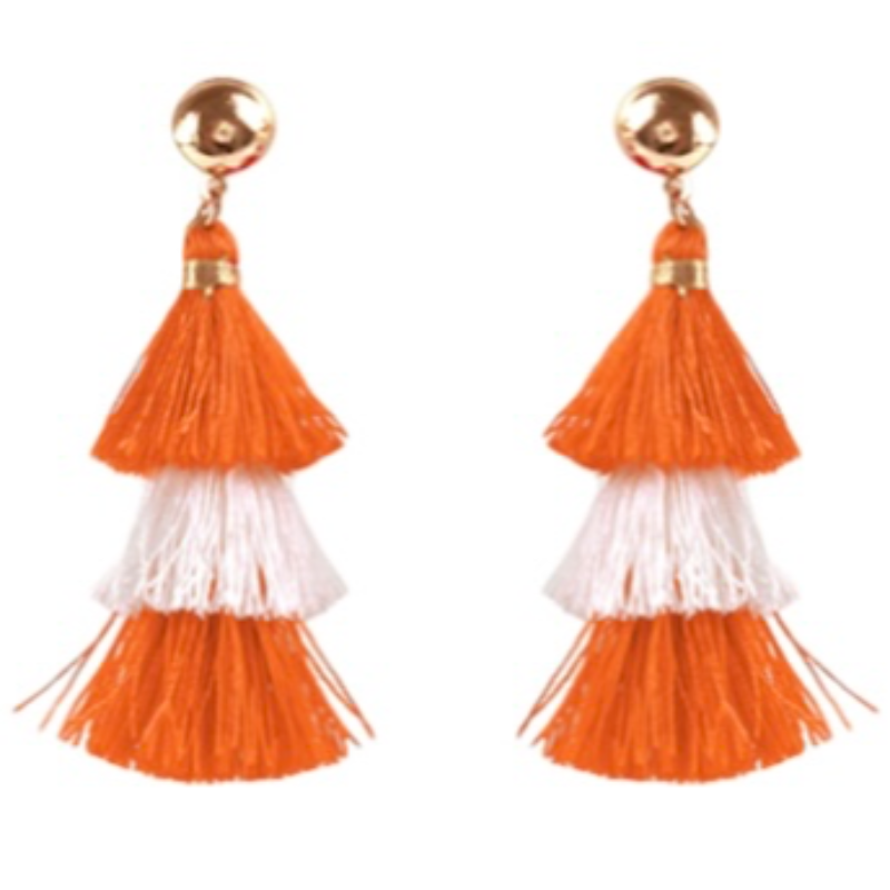 T127-2” Orange/White 3 Tier Tassel Earrings Main Image