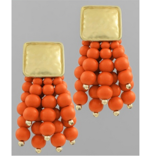 T55- Orange & Gold Square and Wood Fringe Earrings