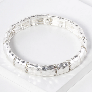 M11-Pave Crystal Hammered Metal Stretch Bracelet (available in gold, silver,  worn gold & worn silver) - Thumbnail 4