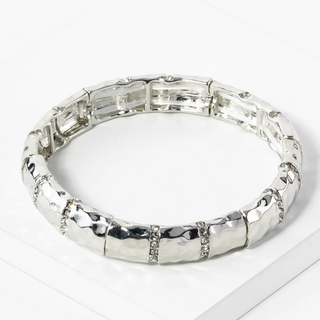 M11-Pave Crystal Hammered Metal Stretch Bracelet (available in gold, silver,  worn gold & worn silver) - Thumbnail 2