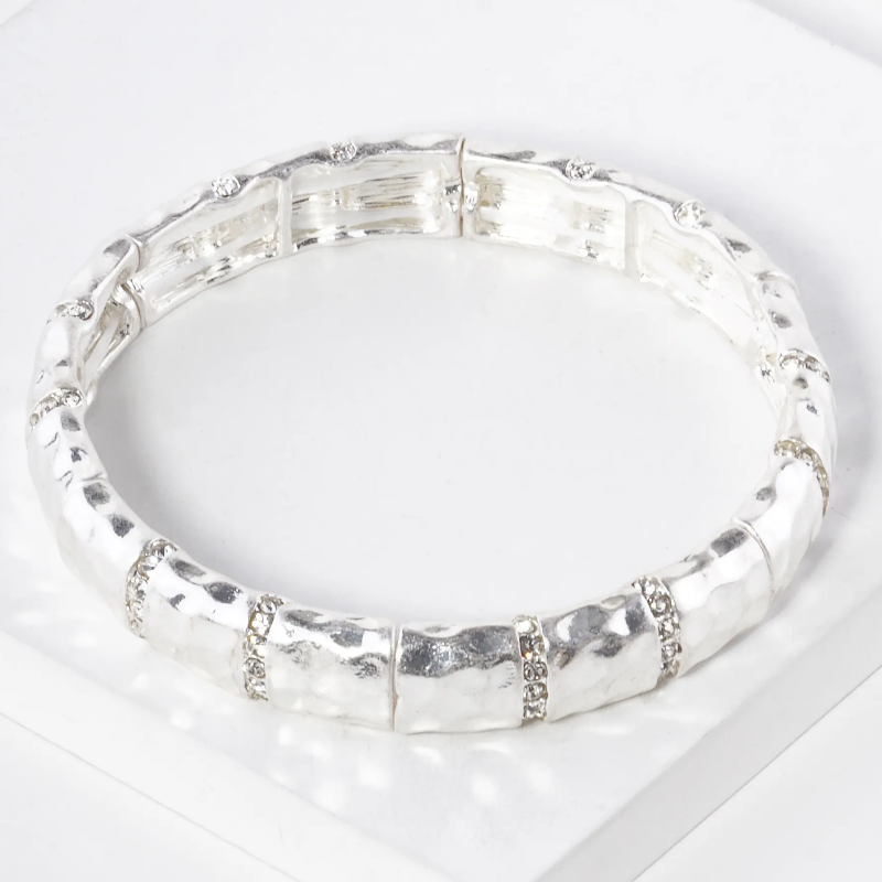 M11-Pave Crystal Hammered Metal Stretch Bracelet (available in gold, silver,  worn gold & worn silver) - Thumbnail (Preview) 4