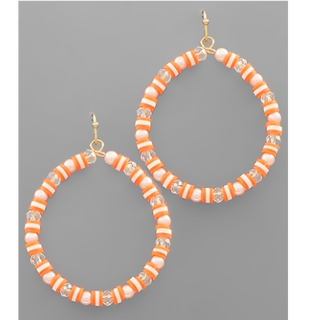 T161- 2” Orange & White Glass Round Earrings-