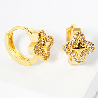 INS6- 18K Gold Dipped Micro Pave Set Cubic Zirconia Quatrefoil 10mm Huggie Hoop Earrings - Thumbnail 2