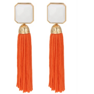 T106- 3.75” white/ orange Resin Square & Tassel Earrings