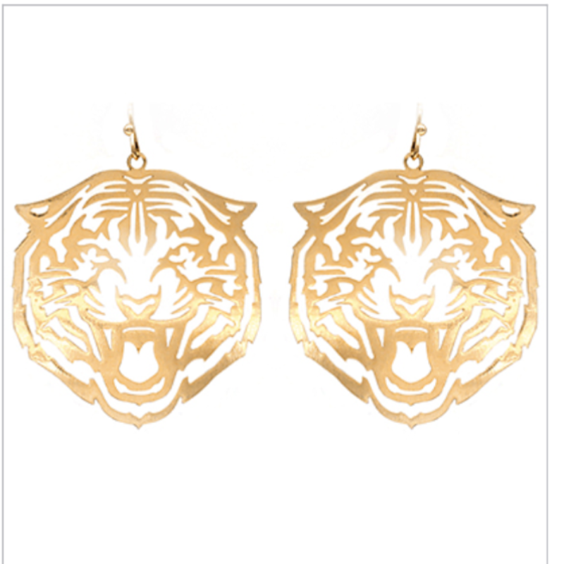 C91- Gold Filigree Tiger Head Earrings Main Image