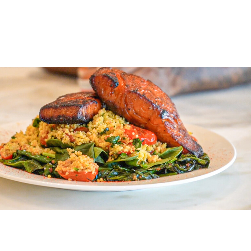 Honey Siracha Salmon over couscous and steamed spinach  Main Image