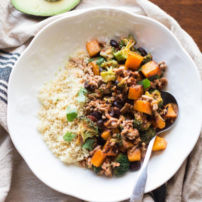 Ground turkey medley with sweetpotatoes over bulgar  Main Image