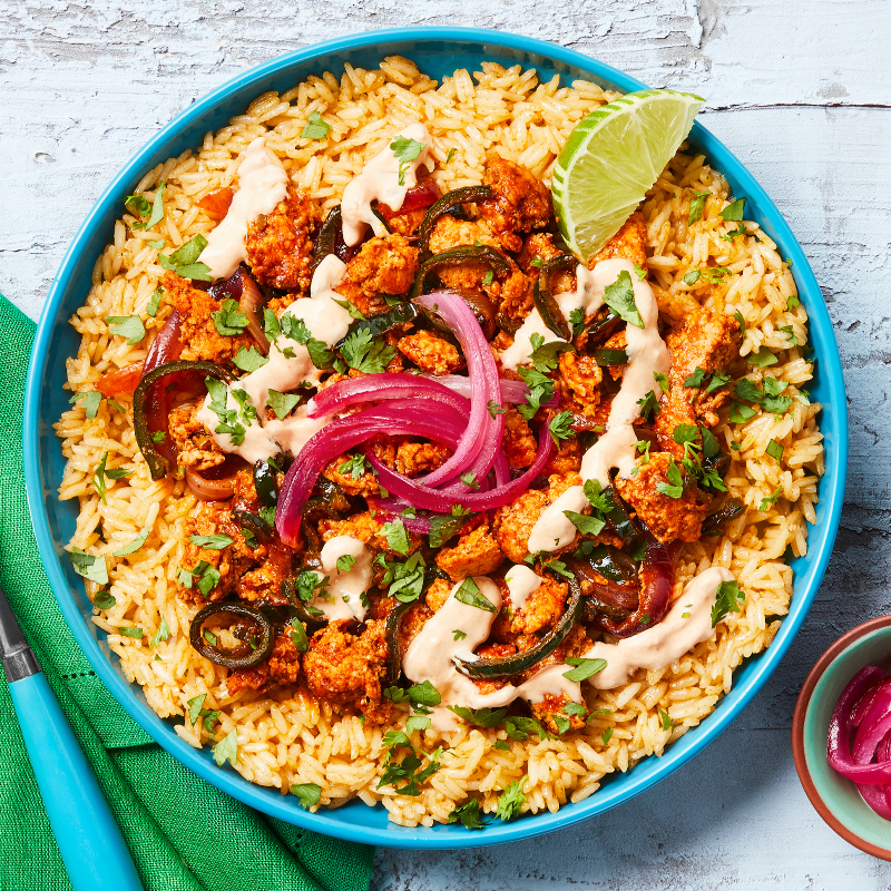 Yucatan Citrus Turkey Bowls with Green Pepper, Smoky Red Pepper Crema & Pickled Onion Main Image