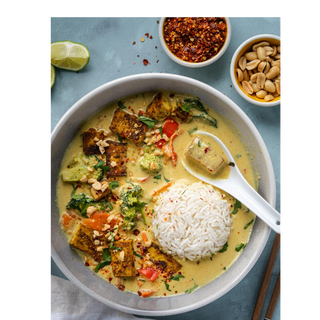 Thai Ginger Curry chicken with Creamy Coconut Veggies, Peanuts & Lime Rice