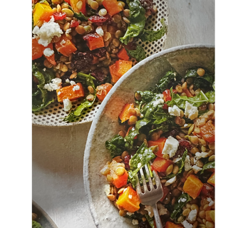 ROASTED BUTTERNUT SQUASH, KALE, AND LENTIL SALAD WITH MAPLE BALSAMIC VINAIGRETTE 