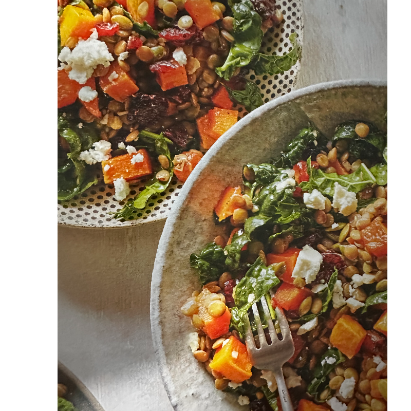 ROASTED BUTTERNUT SQUASH, KALE, AND LENTIL SALAD WITH MAPLE BALSAMIC VINAIGRETTE 