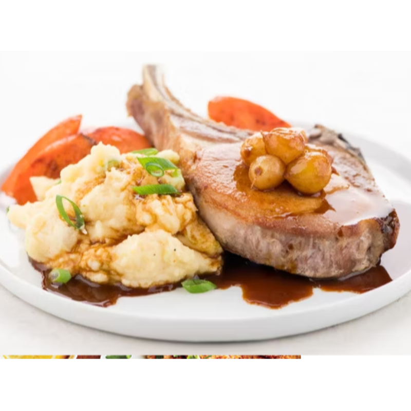 Rosemary Demi-Glace Pork Chops with Mashed Potatoes & Roasted Carrots Main Image