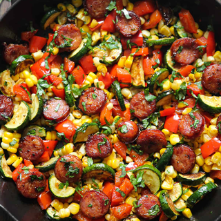 High Protein Sausage and Veggies Skillet over cauliflower rice