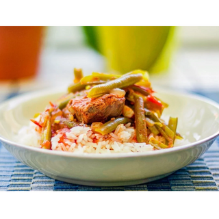 vegan meatless stew over vermichelli rice 