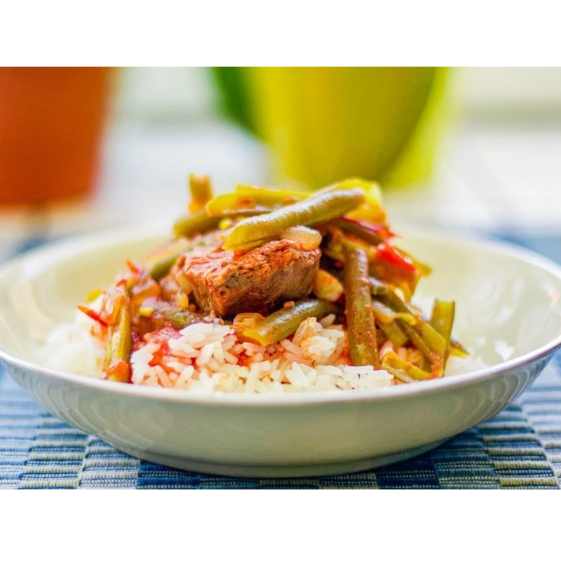 vegan meatless stew over vermichelli rice  Main Image