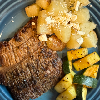 Greek Flank Steak with Lemon Feta Potatoes & Zucchini 