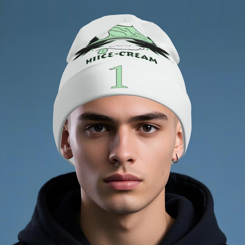 Printed Long Beanie - White - Mint Blackout