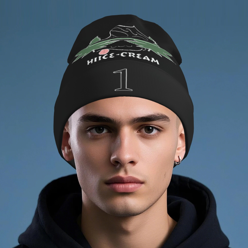 Printed Long Beanie - Black - Blackout White