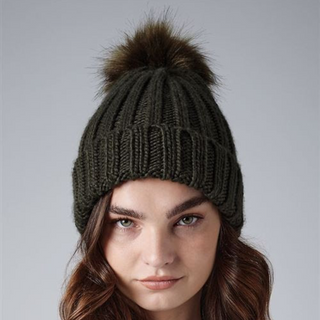 Fur Pom Pom Beanie Olive Green