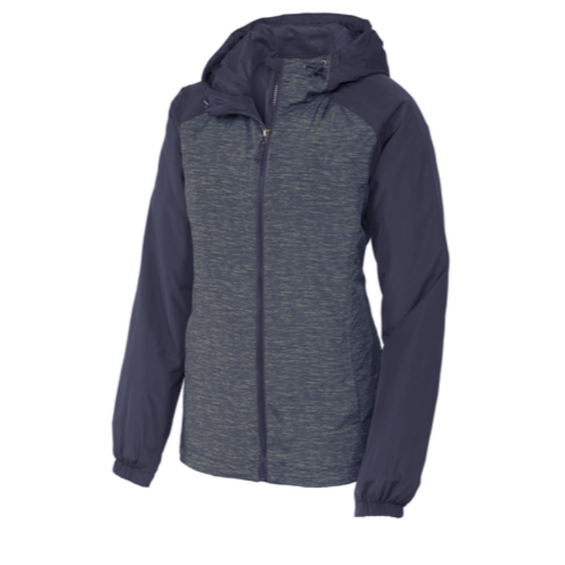 Sport-Tek® Ladies Heather Colorblock Raglan Hooded Wind Jacket - Navy