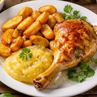 Kippenbil met appelmoes en gebakken patatjes