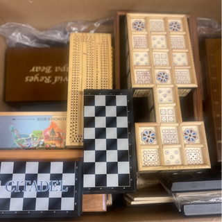 misc. board game parts (chess and cribbage boards, containers, etc) (1 surprise part))