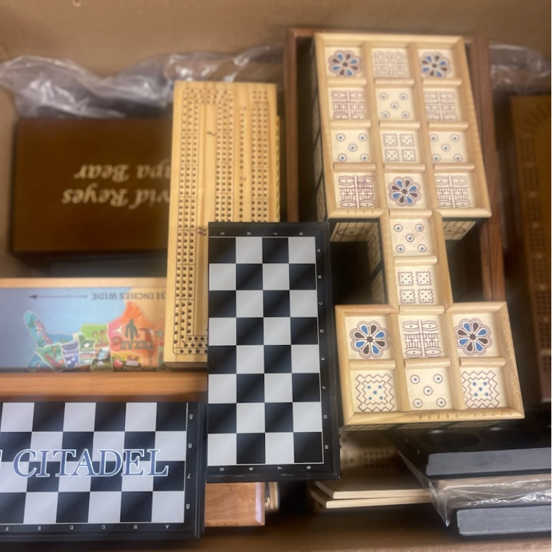 misc. board game parts (chess and cribbage boards, containers, etc) (1 surprise part)) Main Image