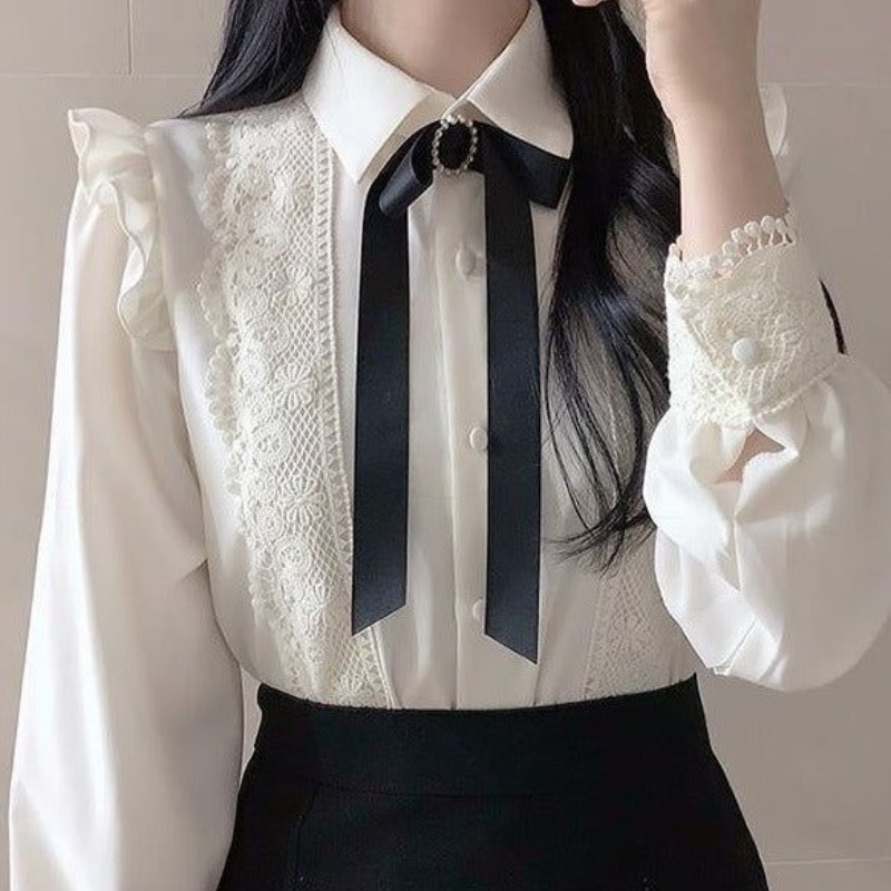 White Blouse With Ribbon Brooch