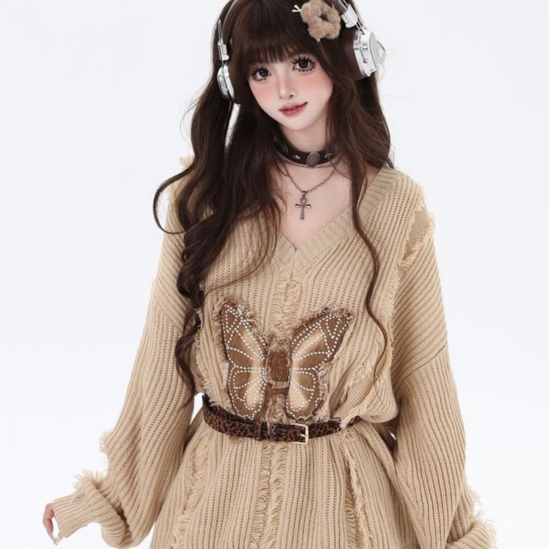 Butterfly V Neck Knit Sweater