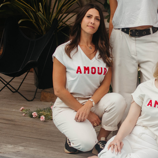 T-shirt Col V Ivoire Femme - Amour Velours Rouge