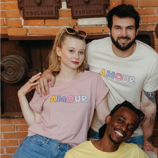 T-Shirt Manches à Revers Rose Femme - Amour Cartoon