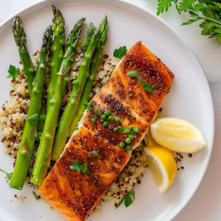 Grilled salmon, super grains, grilled asparagus
