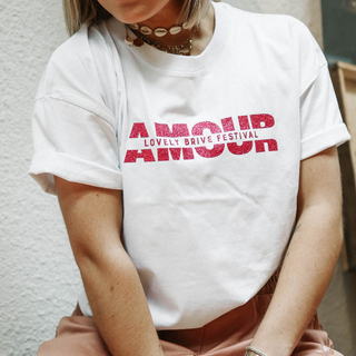 T-shirt  éco-responsable loose femme blanc OC + AMOUR paillettes roses 