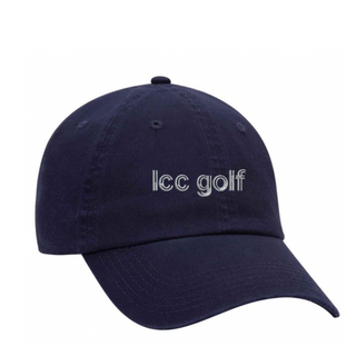 Garment Washed Cotton Twill Low Profile Dad Hat.  * Note the 'lcc golf' is a very rough mock up.  This cap is Navy and embroidered in white.