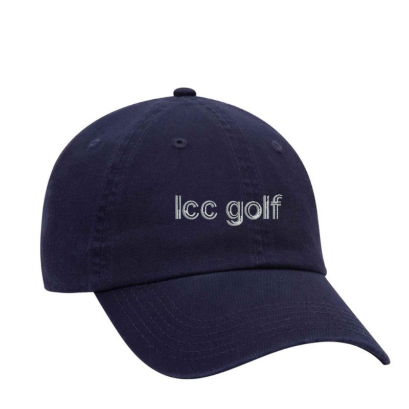 Garment Washed Cotton Twill Low Profile Dad Hat.  * Note the 'lcc golf' is a very rough mock up.  This cap is Navy and embroidered in white. Main Image