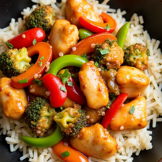 Sweet and Sour Chicken with Rice Noodles and Sautéed Vegetables