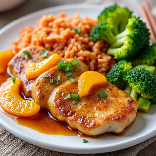 Pork Fillet in Orange Sauce, with Red Rice and Mixed Broccoli