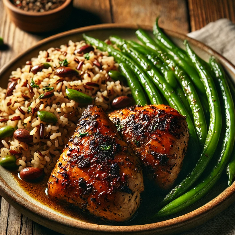 Jerk Chicken with Brown Rice and Green Beans Main Image