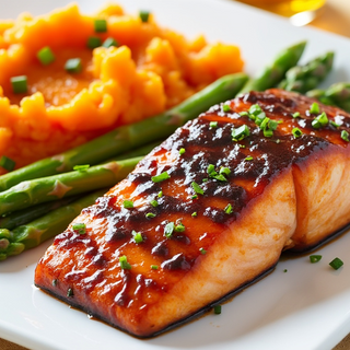 Teriyaki Glazed Salmon with Sweet Potato Mash and Asparagus