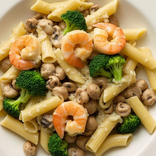 Alfredo Penne Pasta with Mushrooms, Broccoli, and Garlic Shrimp