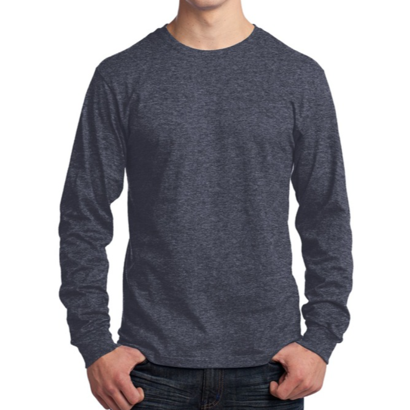 Port & Company Long Sleeve Tee (Heather Navy/White text)