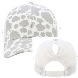 Leather Patch Ladies Ponytail Cap (Grey Cow/White)