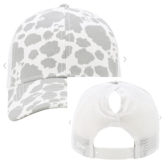 Leather Patch Ladies Ponytail Cap (Grey Cow/White)