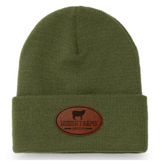 Leather Patch Beanie (Olive with Brown Leather)